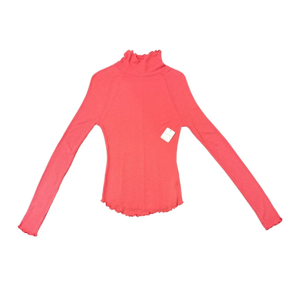 Free People Intimately Watermelon Wedge Pink Waffle Knit Turtleneck Top S NEW